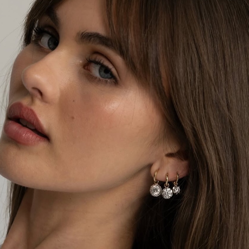 14k Yellow Gold Diamond Drop Hoops - Picture 3 of 6